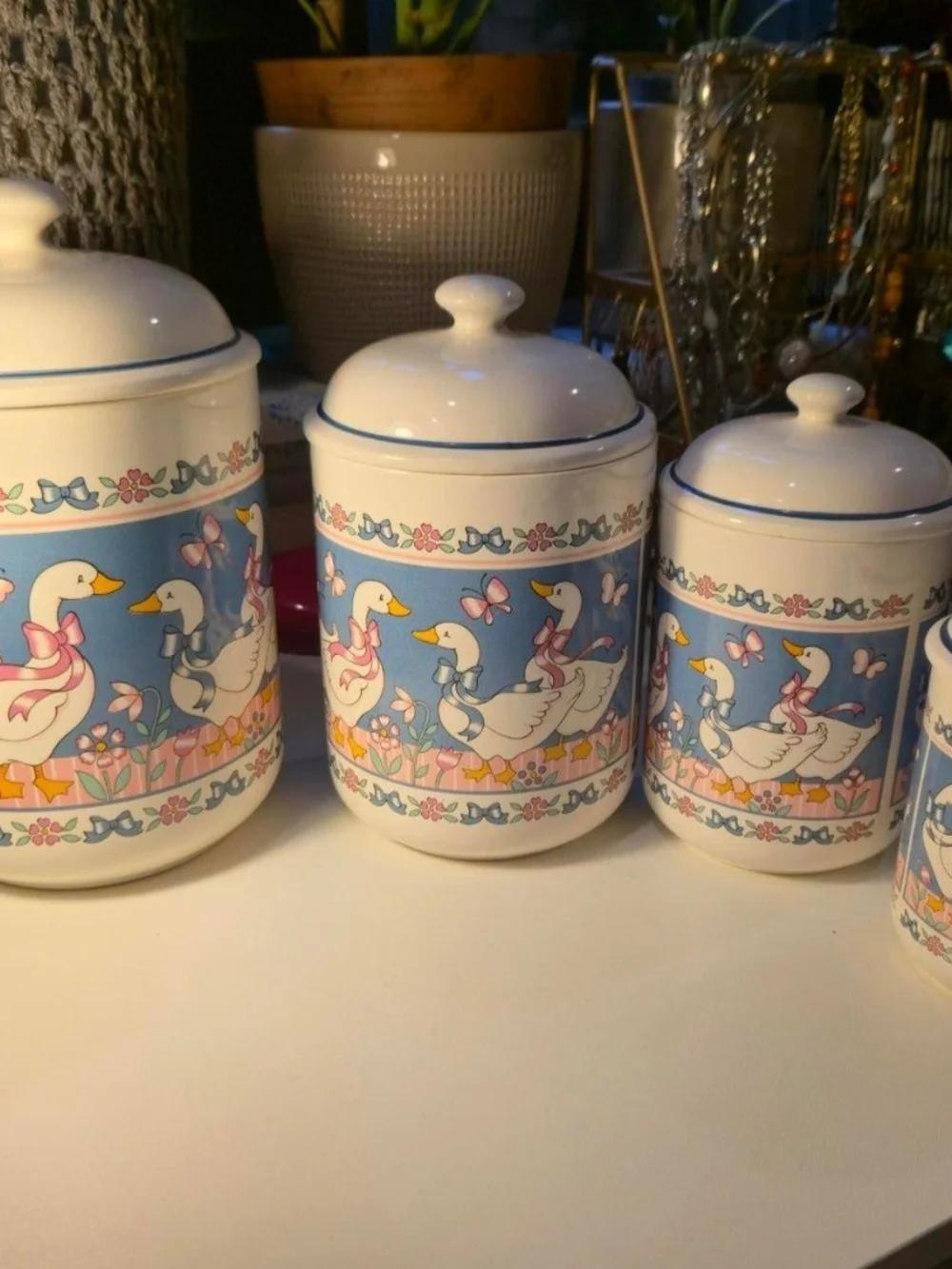 Vintage Ceramic Duck Canister Set in Blue & White